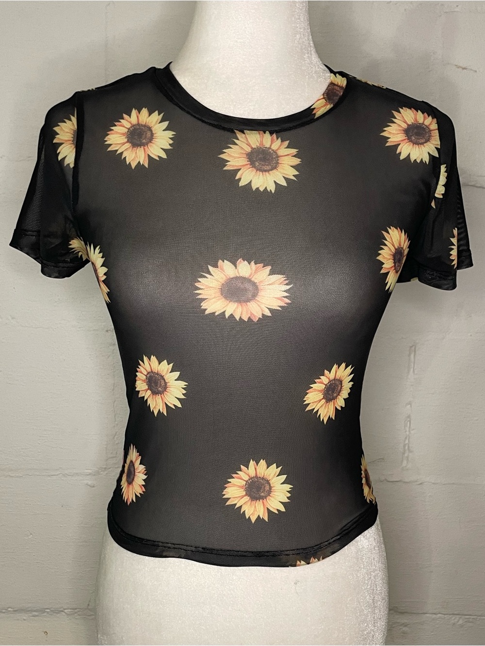 Sheer Black Sunflower Print Short Sleeve Tee